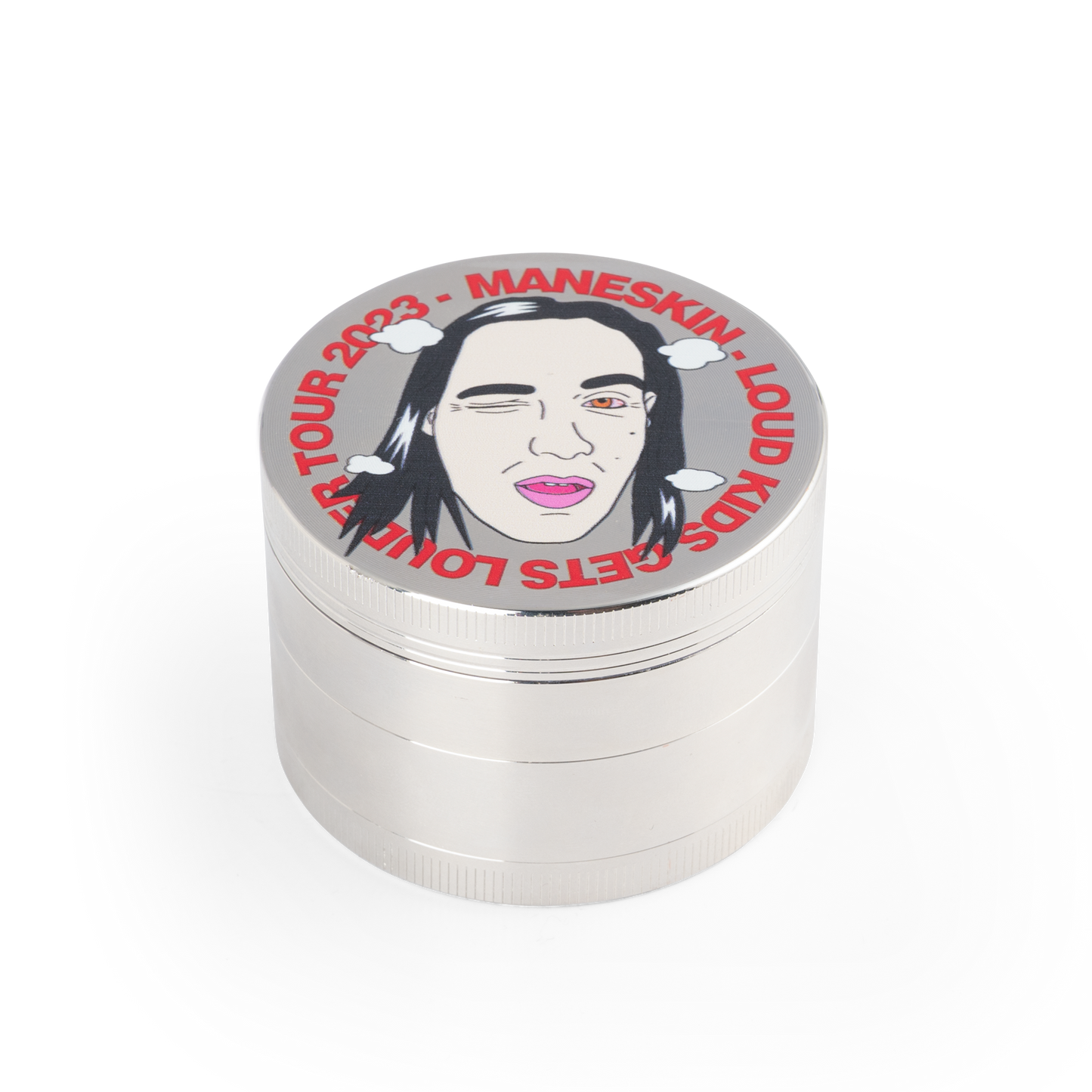 Side image of a metal grinder with Ethan design