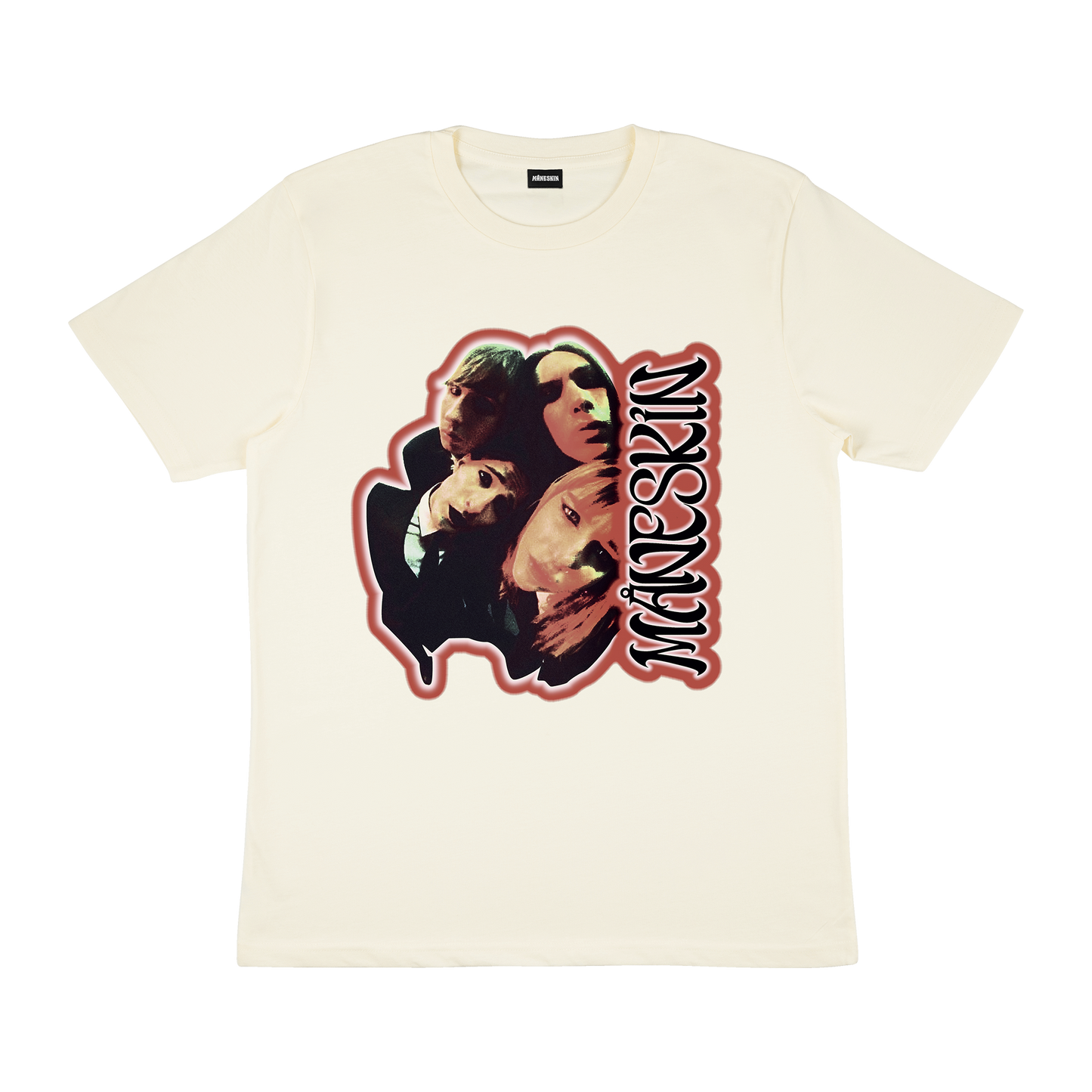 Front image of an ecru short-sleeve regular-fit T-shirt with a fisheye band photo next to vertical Måneskin text, both surrounded by a red outline.