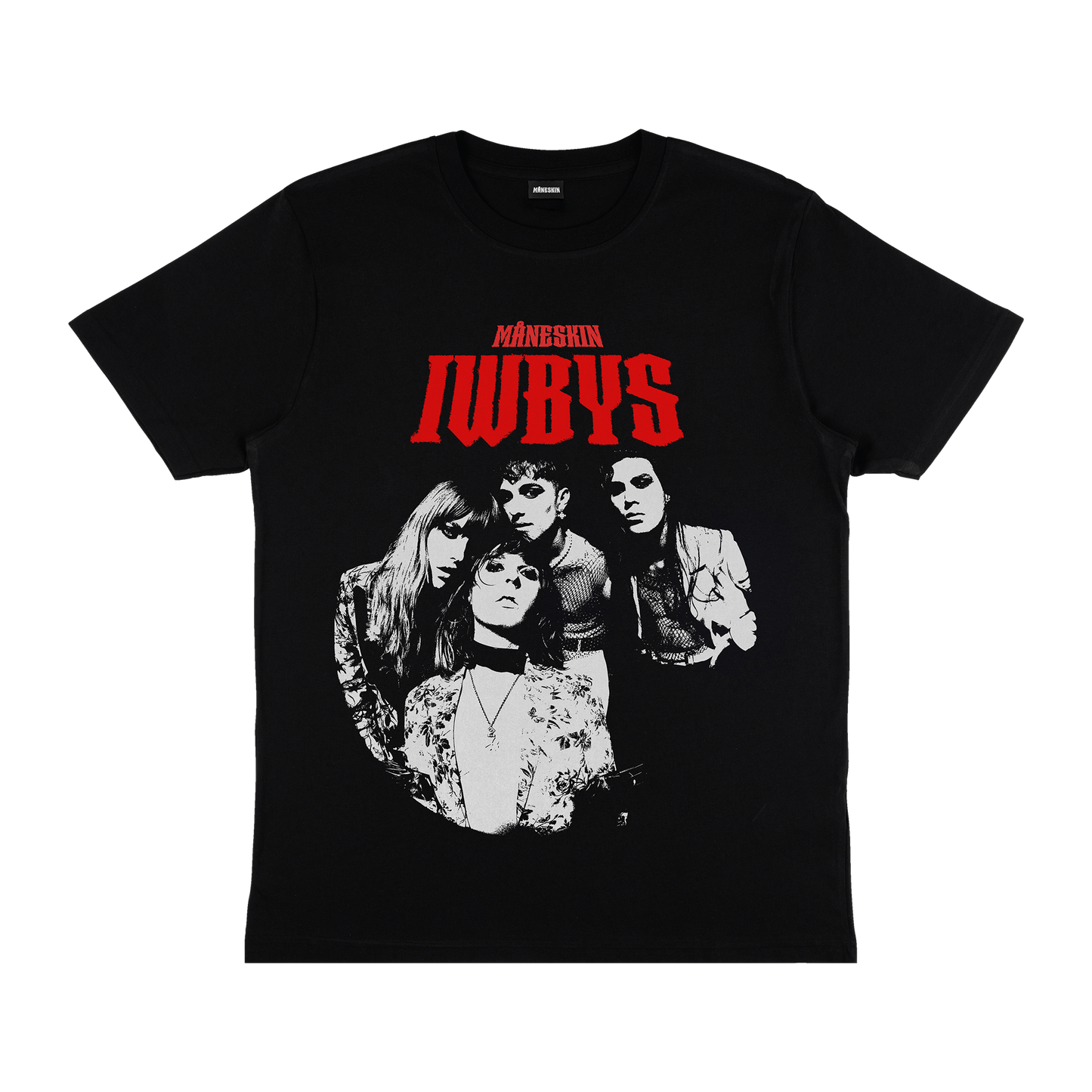 Front image of a black unisex short-sleeve T-shirt with red 'Måneskin IWBYS' text and a black-and-white band photo below.