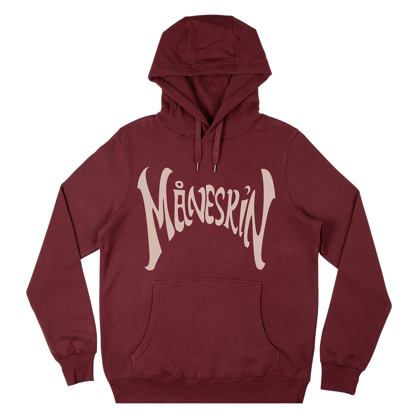 Front view of a burgundy unisex hoodie with a drawstring hood, front pocket, and ecru 'Måneskin' text printed across the front.
