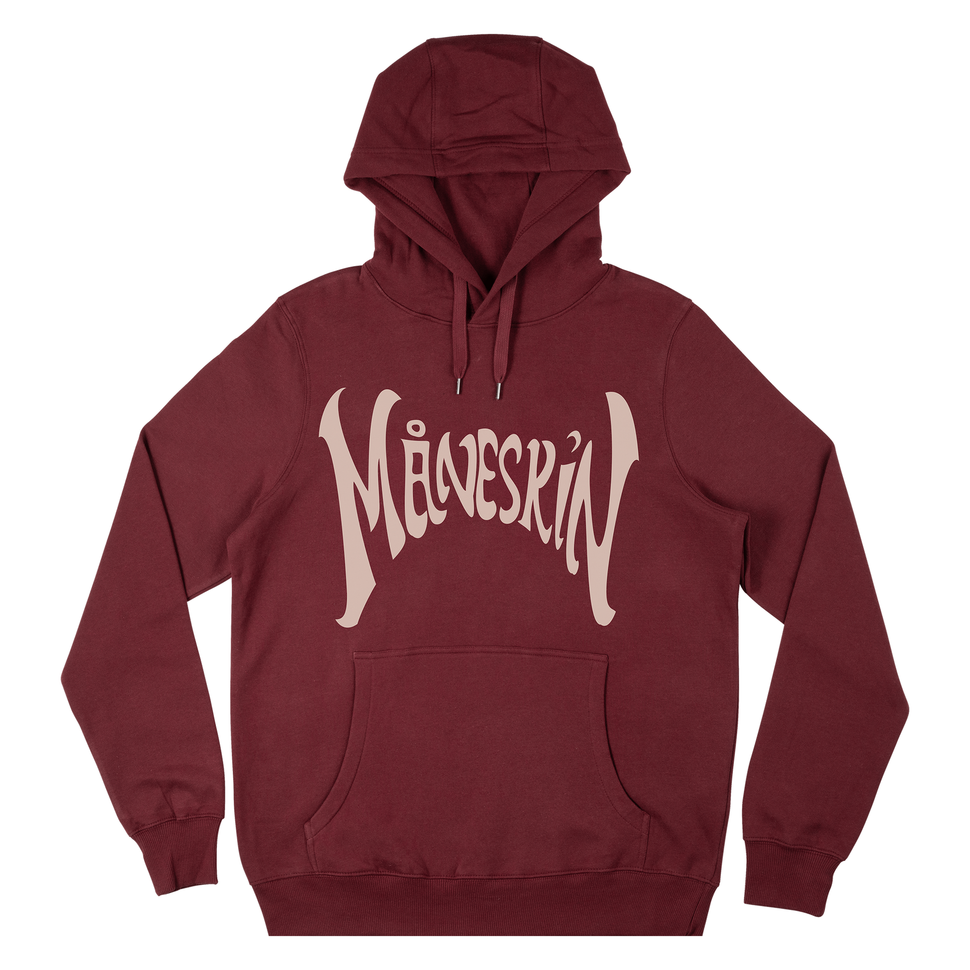 Front view of a burgundy unisex hoodie with a drawstring hood, front pocket, and ecru 'Måneskin' text printed across the front.