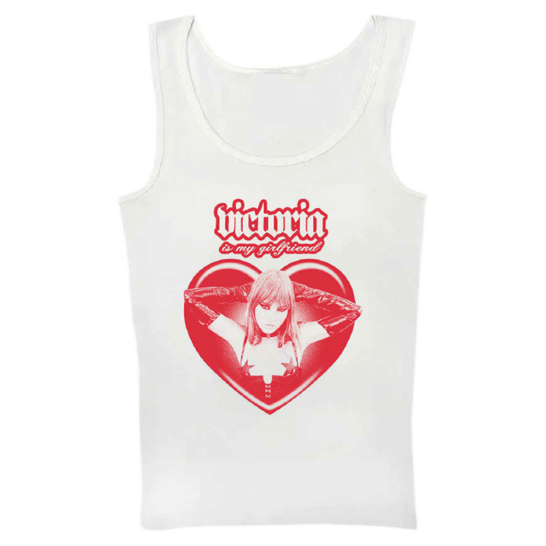 Front image of a white fitted tank top with red 'Victoria Is My Girlfriend' screen print design