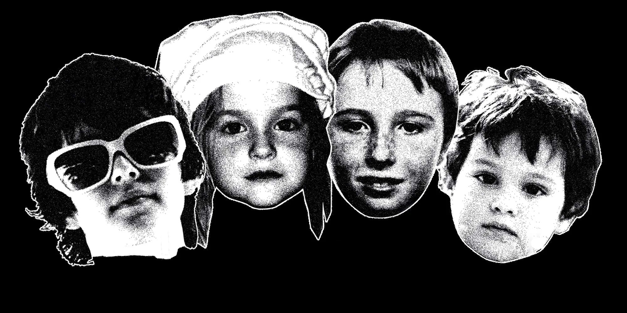 Black and white image of Måneskin band members as children, set against a black background.