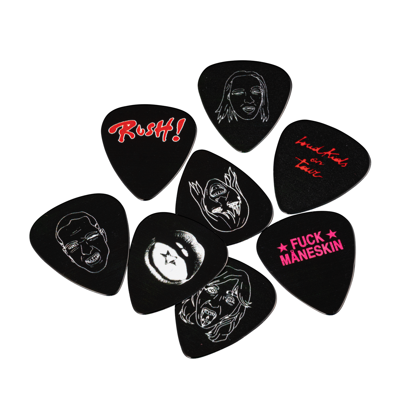 Front image of eight black guitar plectrums, each featuring a unique Måneskin design.